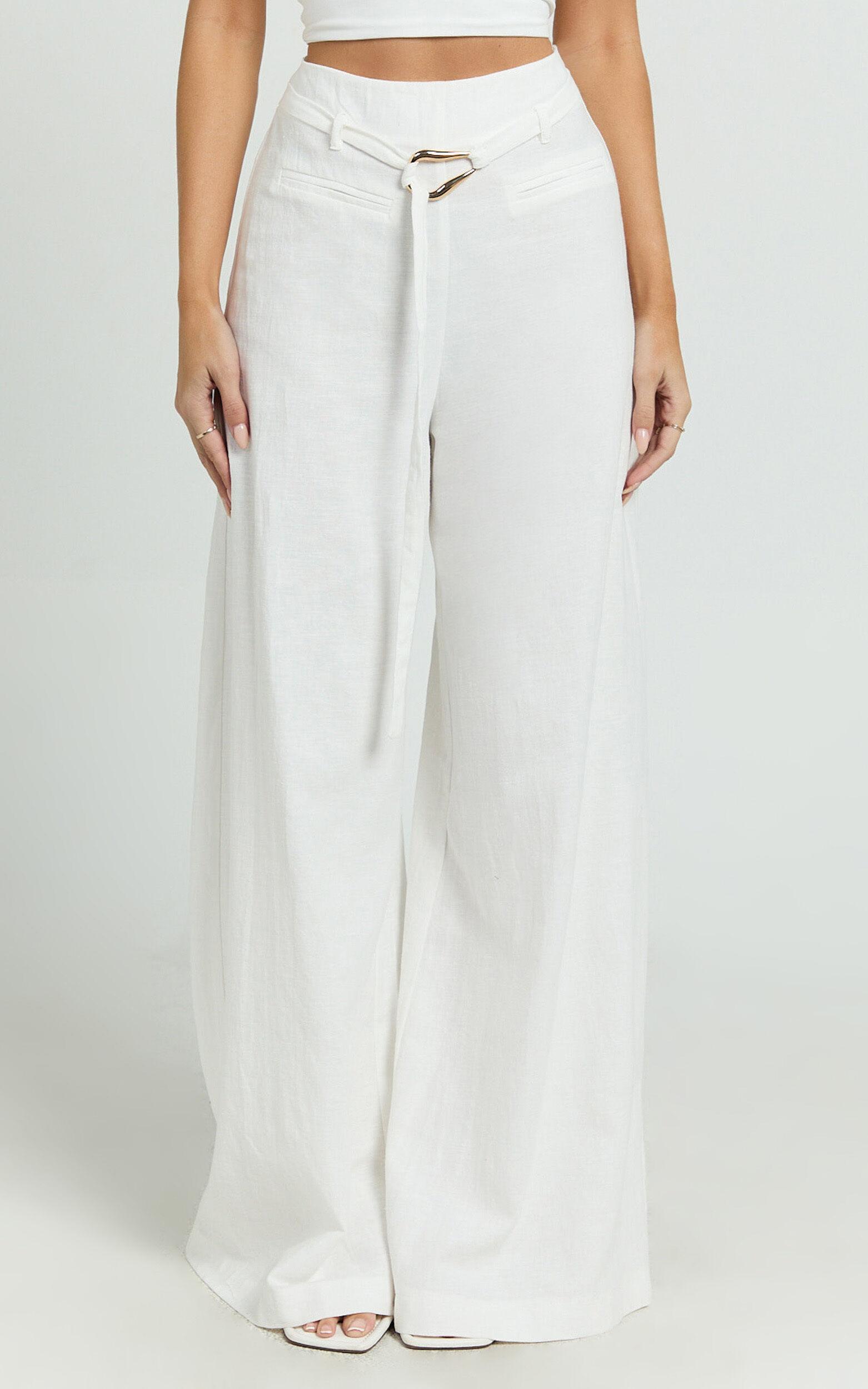 Kyra Pants - Linen Look Belted Wide Leg Pants in White Product Image
