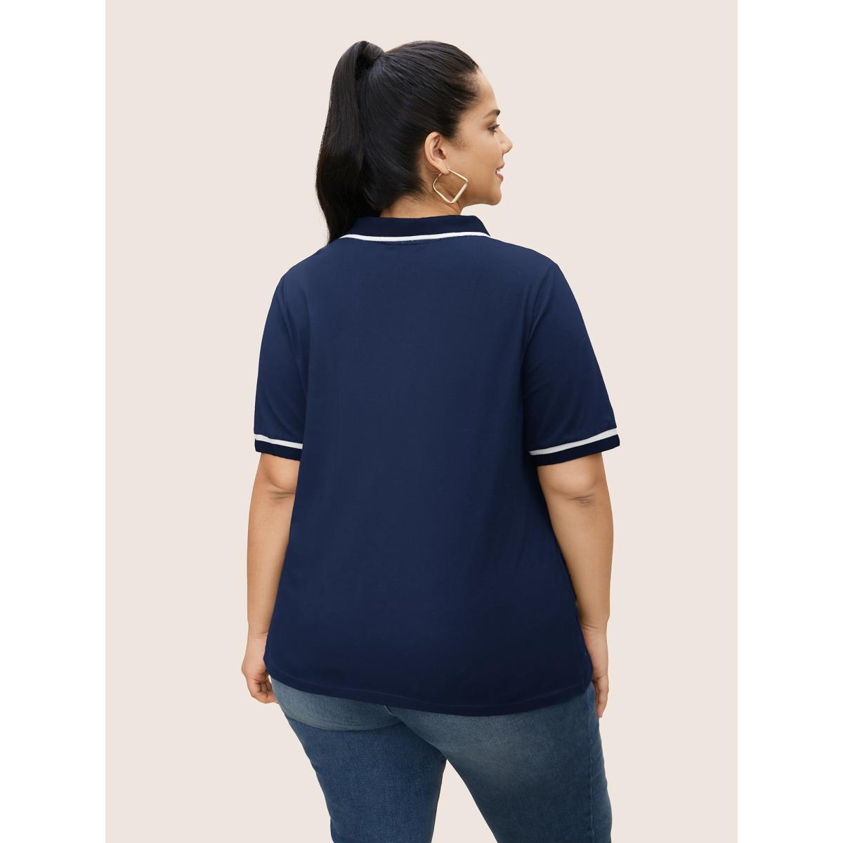 Plus Size Polo Neck Contrast Trim Short Sleeve T-shirt Indigo Women Casual Contrast Flat collar with V-notch Everyday T-shirts BloomChic 28/5X Product Image