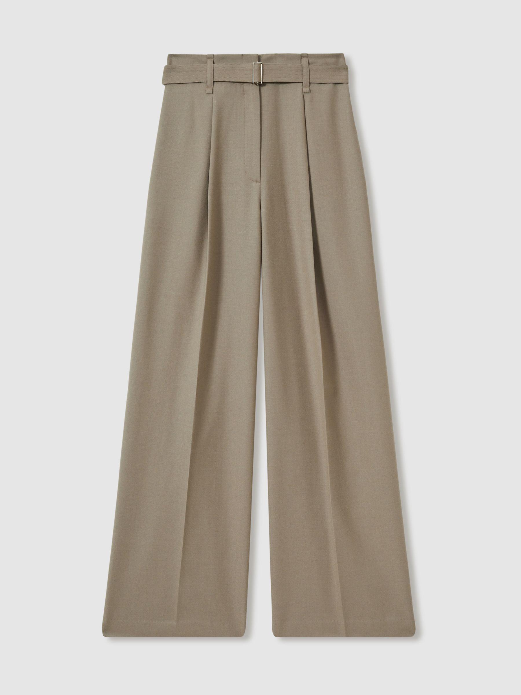 Petite Wool Belted Wide-Leg Trousers in Neutral Product Image