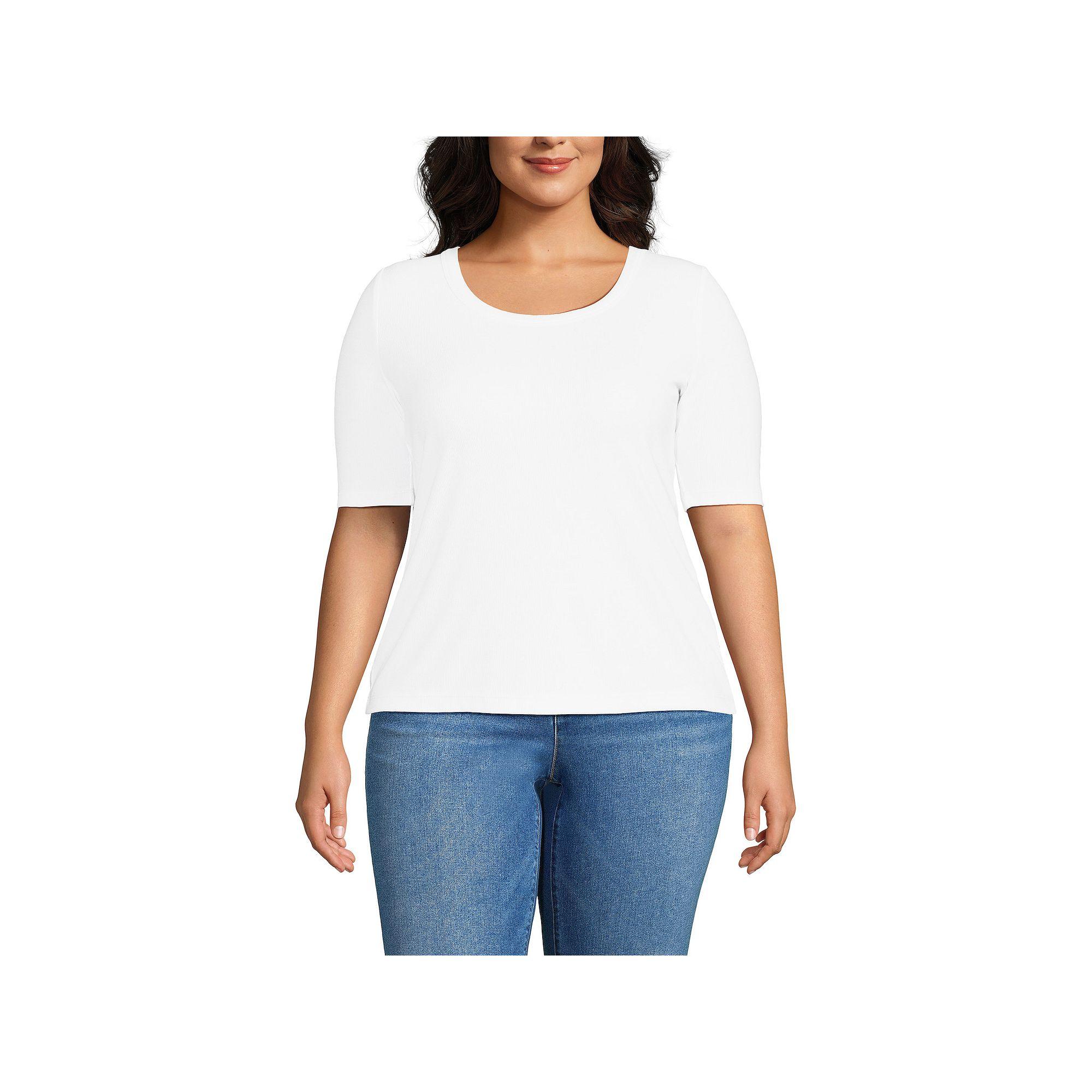 Plus Size Lands' End Drapey Rib Fitted Elbow Sleeve Scoop Neck Tee, Women's, Size: 3XL, Frosted Green Stripe Product Image