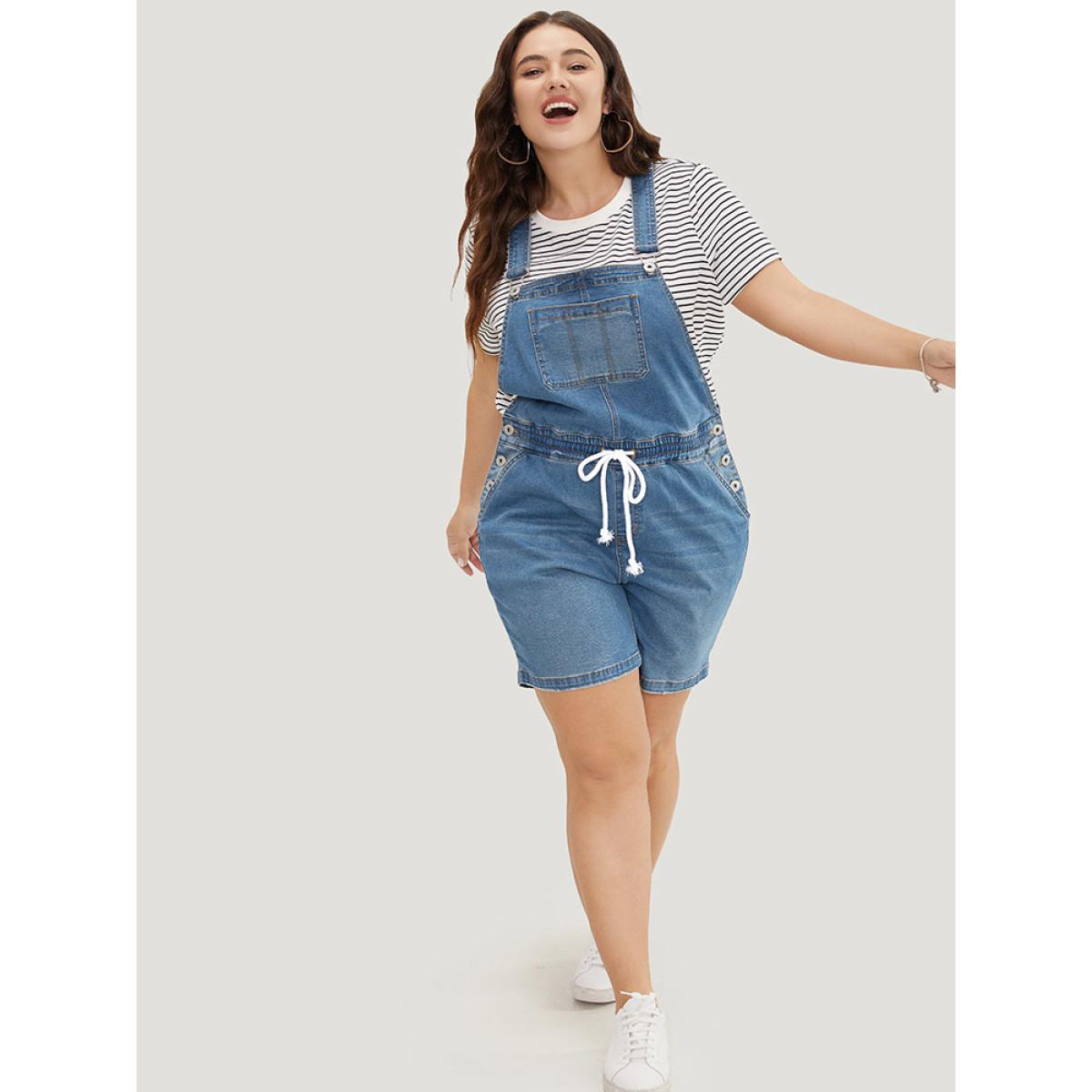 Plus Size Drawstring Button Up Dark Wash Denim Overalls Blue Women Plain Low stretch Dailywear Pocket Casual Denim Jumpsuits BloomChic 10/M Product Image