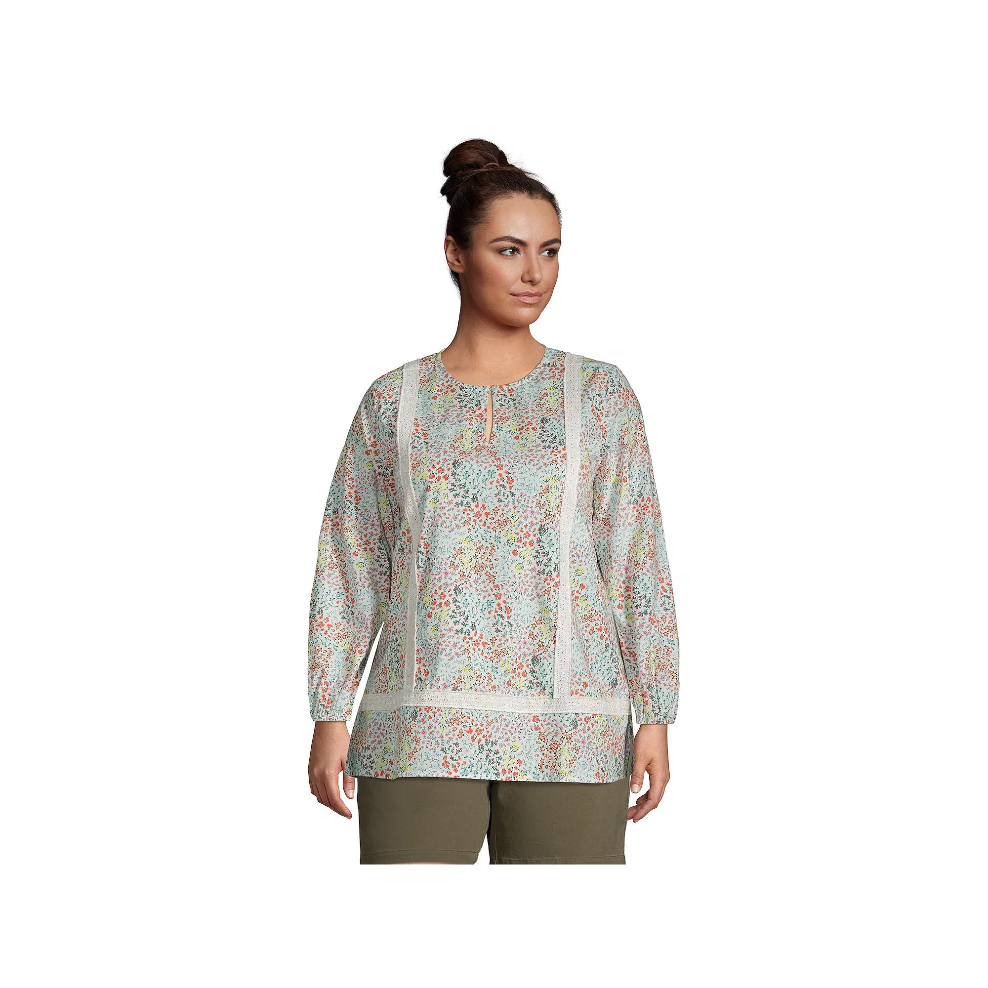 Plus Size Lands' End Poplin Splitneck Tunic Top, Women's, Size: 2XL, Ivory Mini Floral Product Image