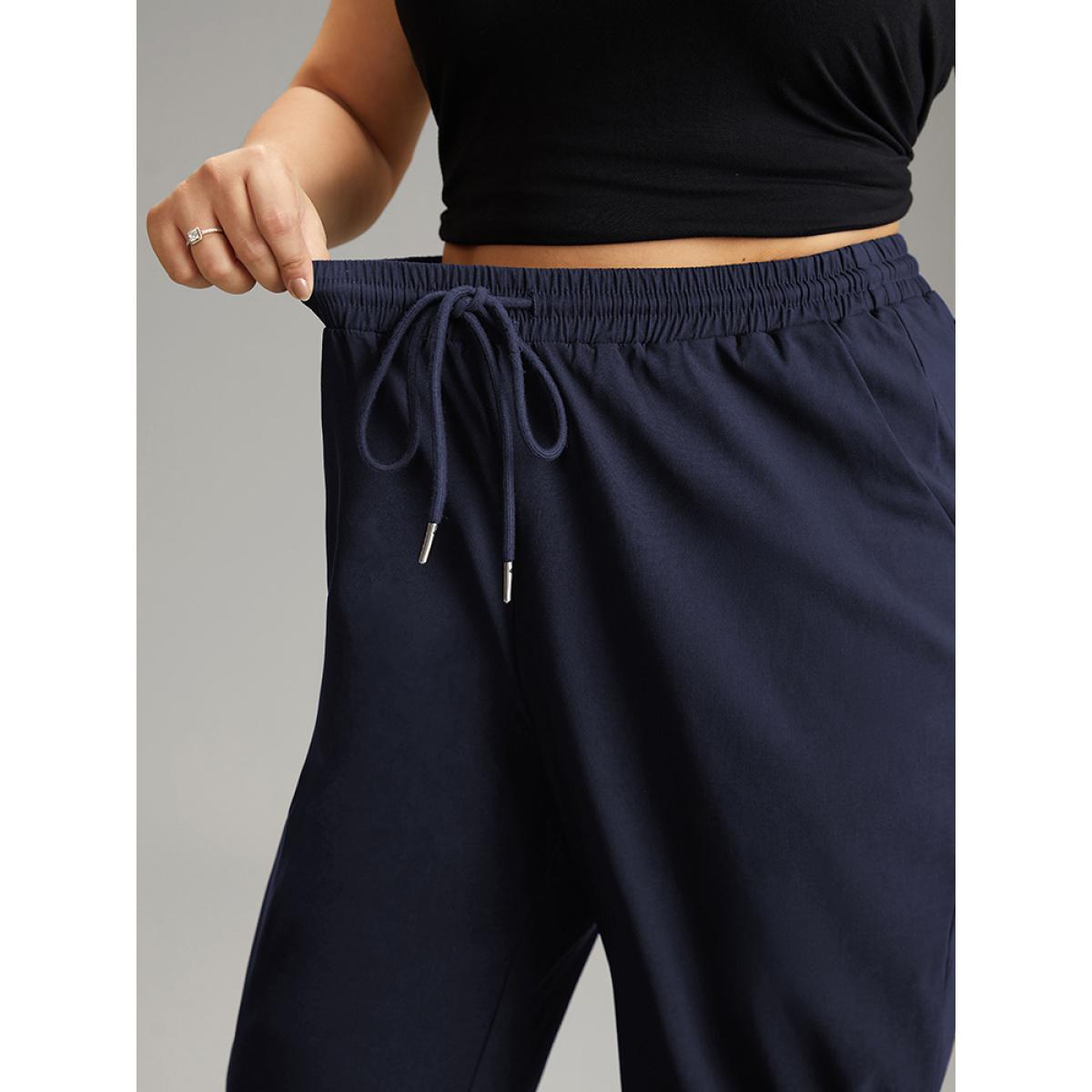 Plus Size Solid Drawstring Pocket Elastic Waist Pants Women Indigo Casual Straight Leg High Rise Dailywear Pants BloomChic 12/L Product Image