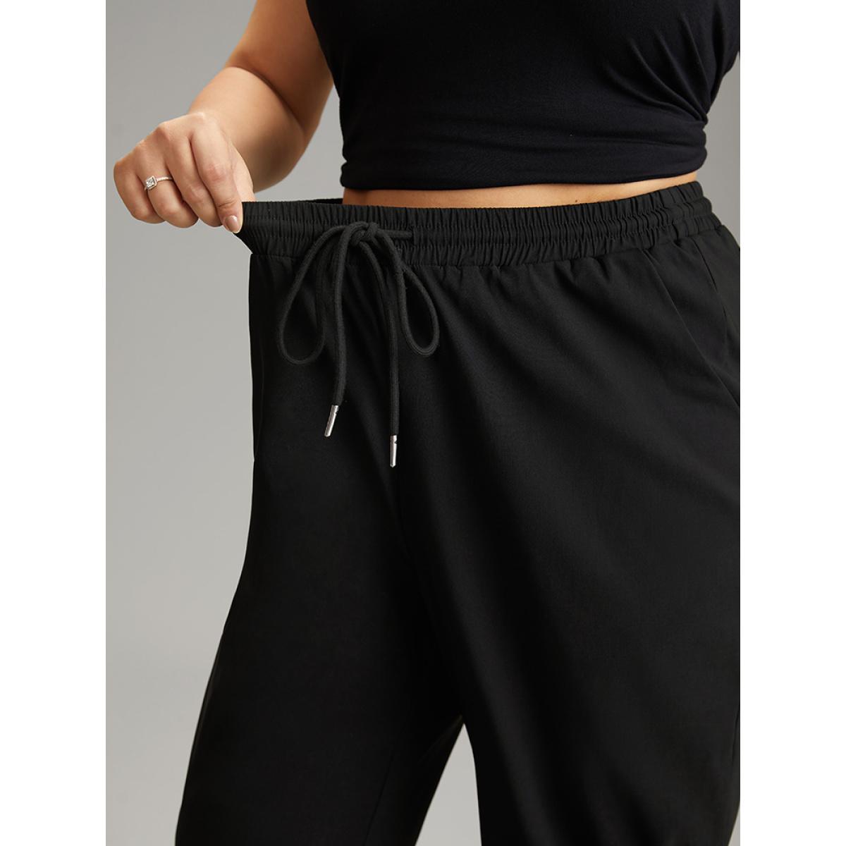 Plus Size Solid Drawstring Pocket Elastic Waist Pants Women Black Casual Straight Leg High Rise Dailywear Pants BloomChic 10/M Product Image