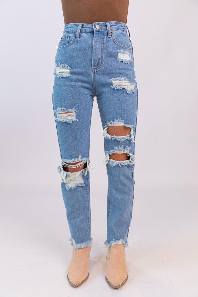 Megan Light Wash Distressed Straight Leg Mom Jeans FINAL SALE Product Image