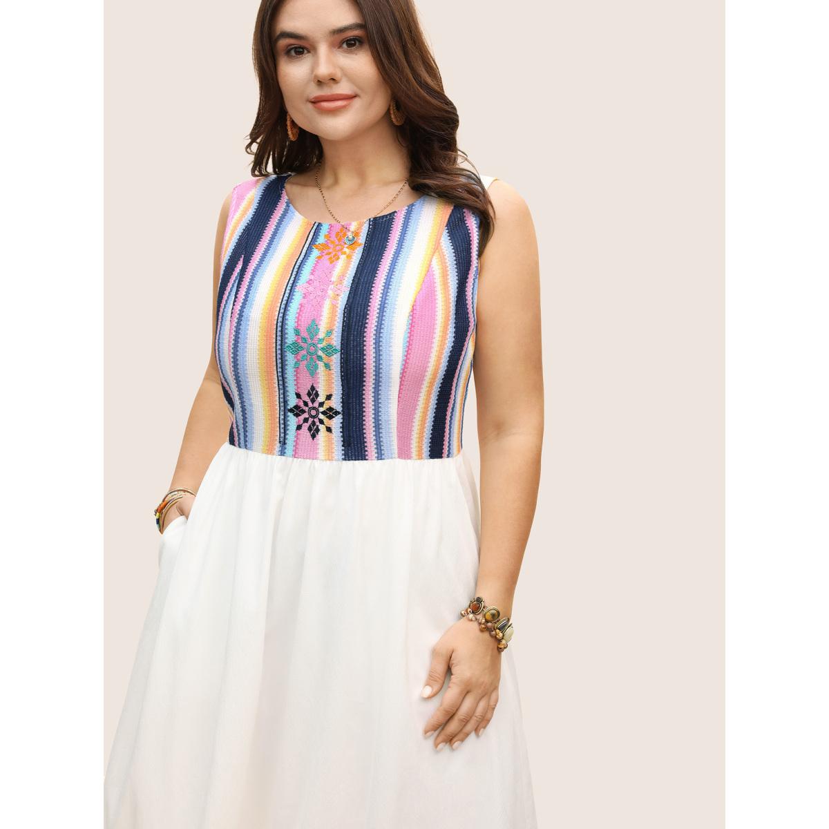 Plus Size Floral Embroidered Woven Ribbon Patchwork Dress Ivory Women Resort Woven ribbon&lace trim Round Neck Sleeveless Curvy BloomChic 30/6X Product Image