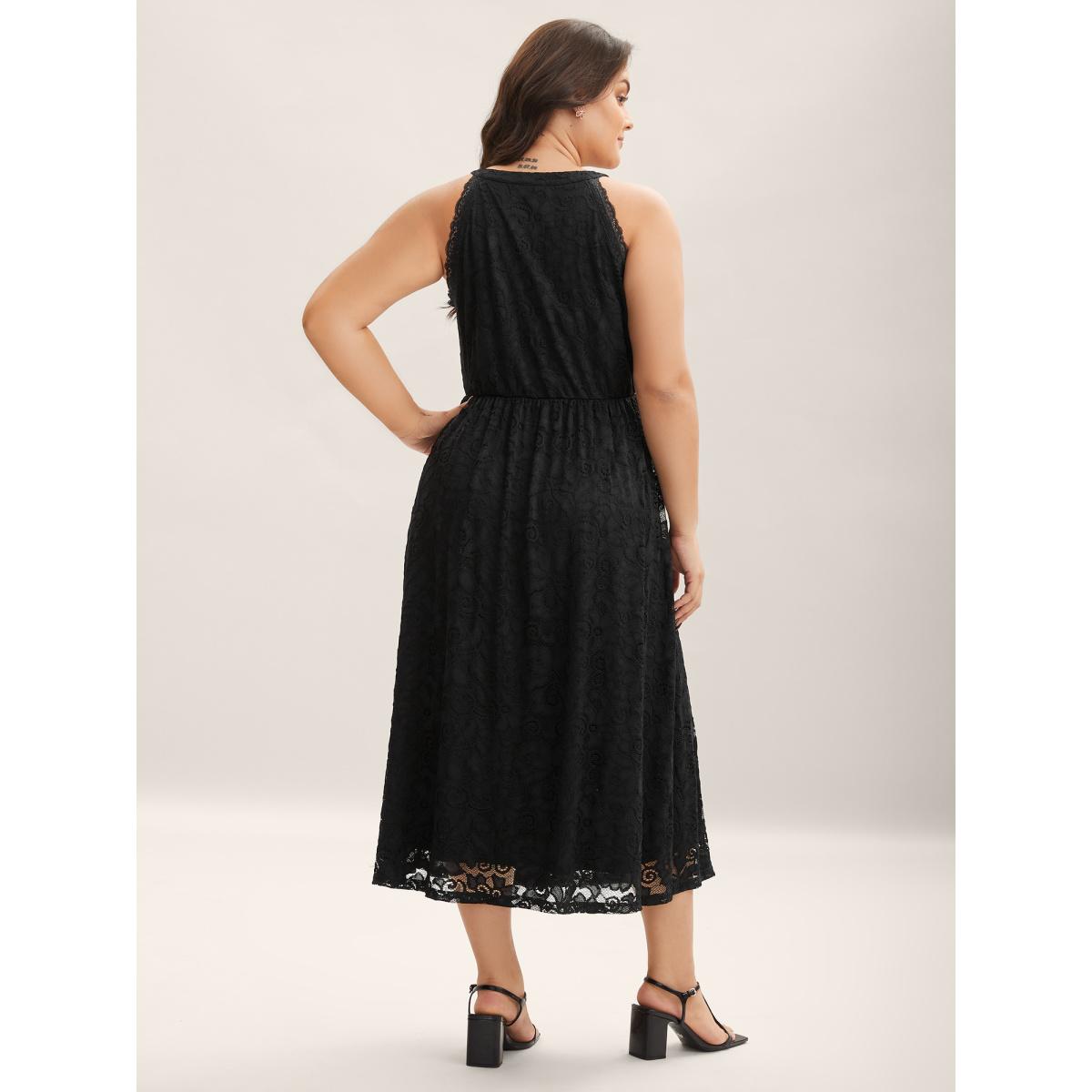 Plus Size Textured Lace Sleeveless Pockets Midi Dress Black Women Romantic Round Neck Sleeveless Curvy BloomChic 18-20/2X Product Image