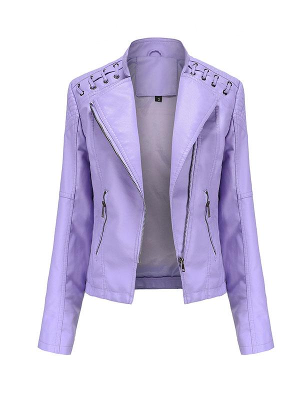 Long Sleeves Split-Joint Zipper Mock Neck PU Jackets Outerwear Product Image