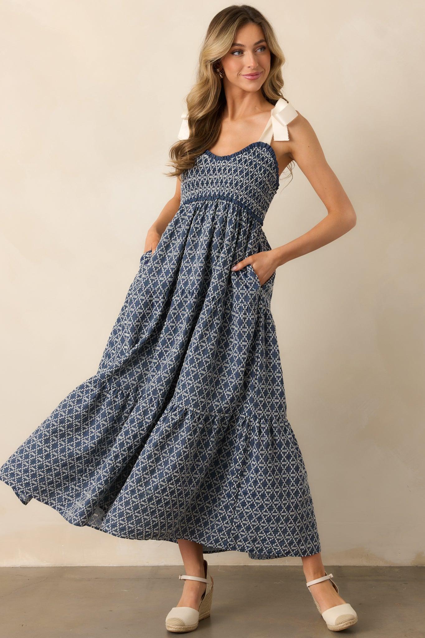 The Felicity Dark Wash Chambray Cotton Embroidered Maxi Dress Product Image