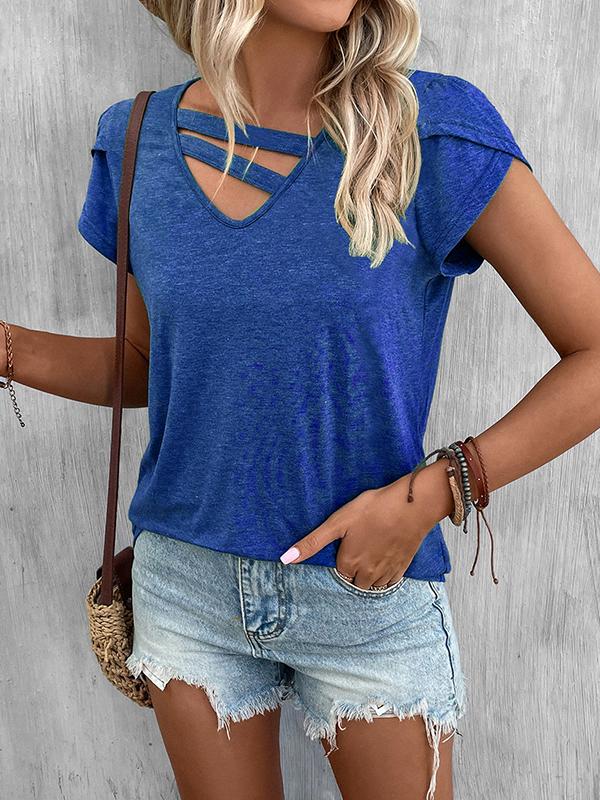 Loose Short Sleeves Solid Color V-Neck T-Shirts Tops Product Image