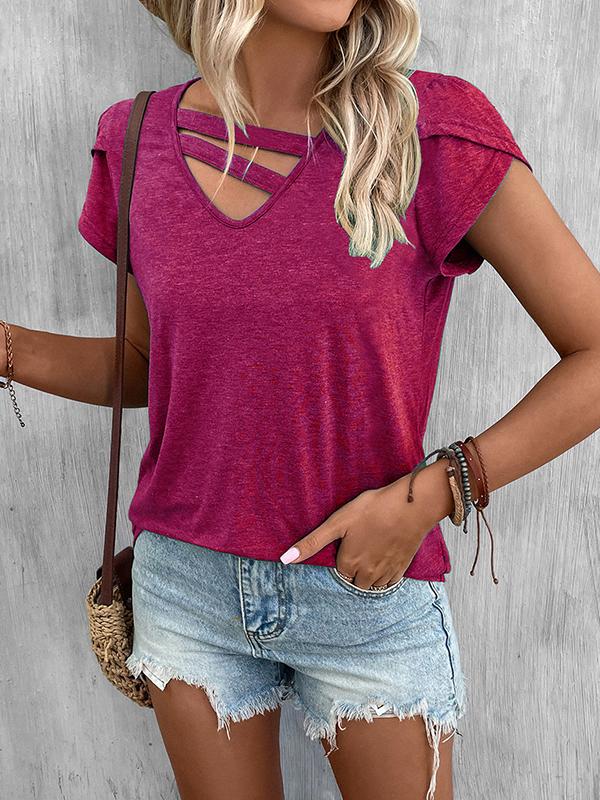 Loose Short Sleeves Solid Color V-Neck T-Shirts Tops Product Image