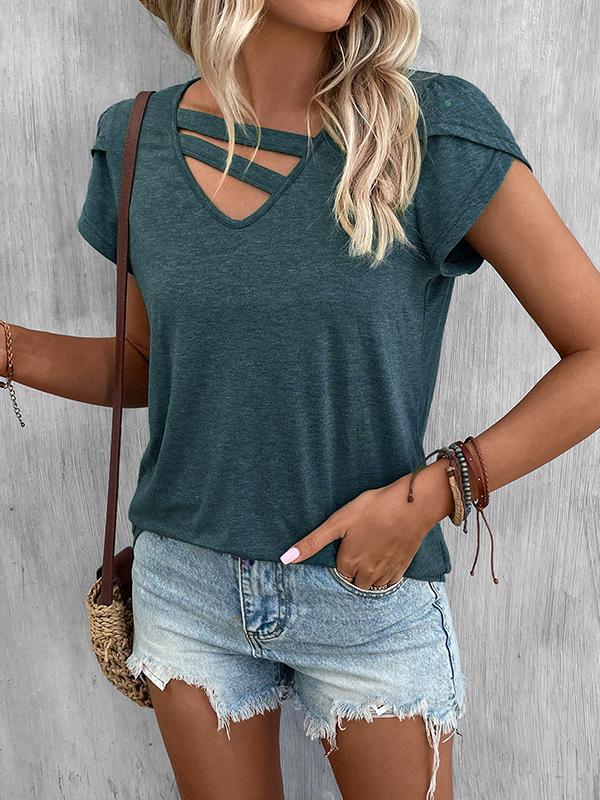 Loose Short Sleeves Solid Color V-Neck T-Shirts Tops Product Image