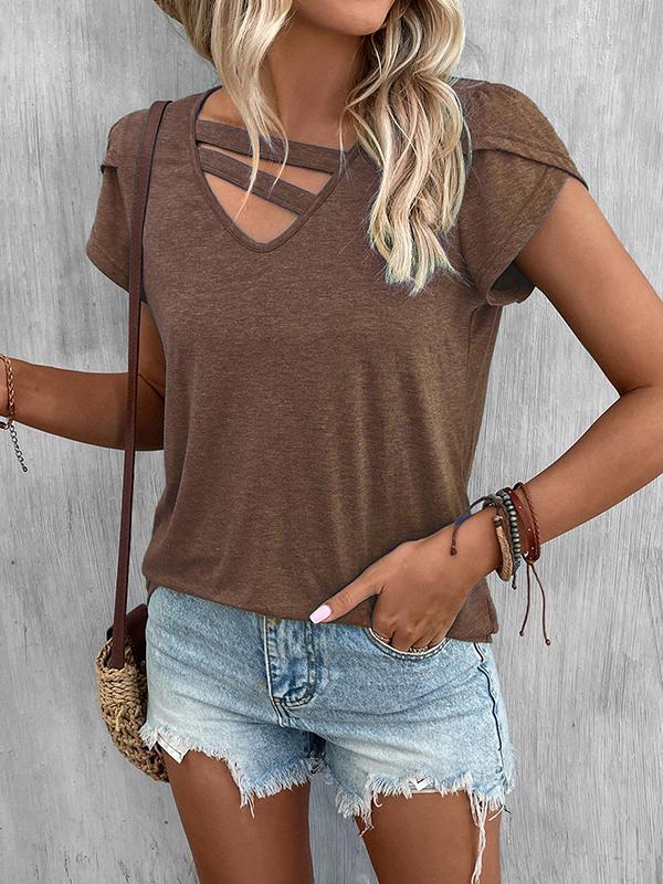 Loose Short Sleeves Solid Color V-Neck T-Shirts Tops Product Image