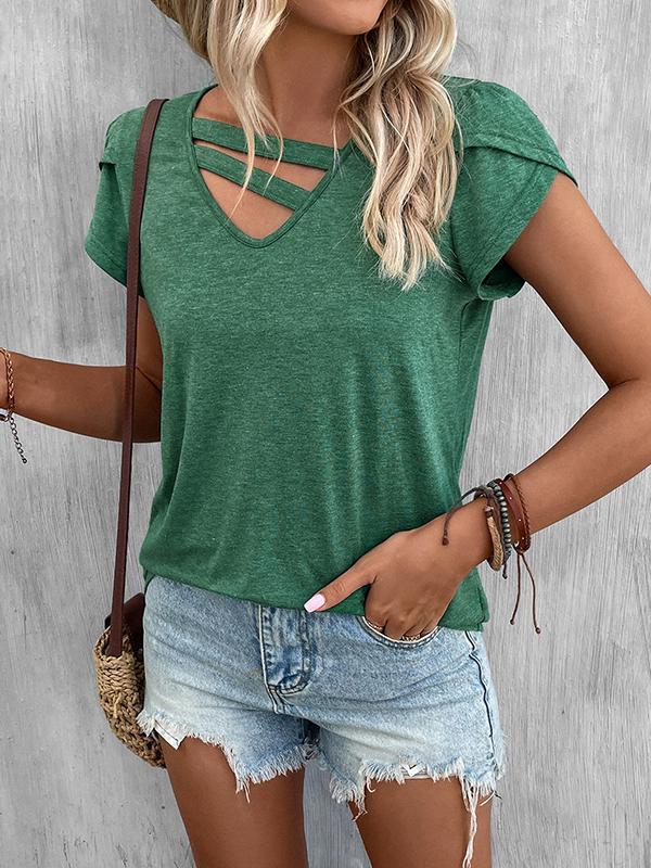Loose Short Sleeves Solid Color V-Neck T-Shirts Tops Product Image