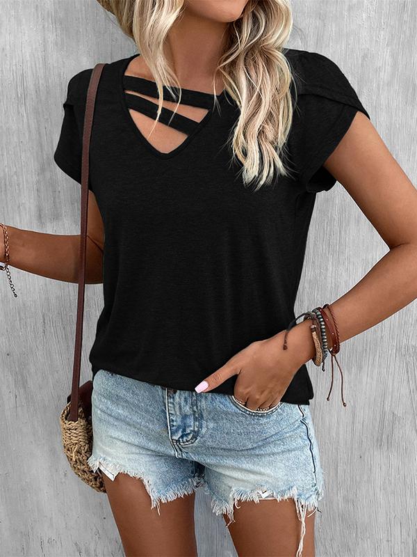 Loose Short Sleeves Solid Color V-Neck T-Shirts Tops Product Image