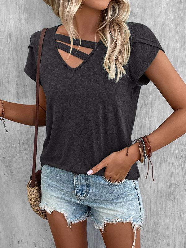 Loose Short Sleeves Solid Color V-Neck T-Shirts Tops Product Image