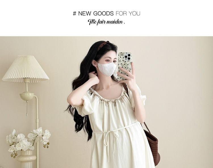 Maternity Short Sleeve Round Neck Shell Detail Maxi A-Line Dress Product Image