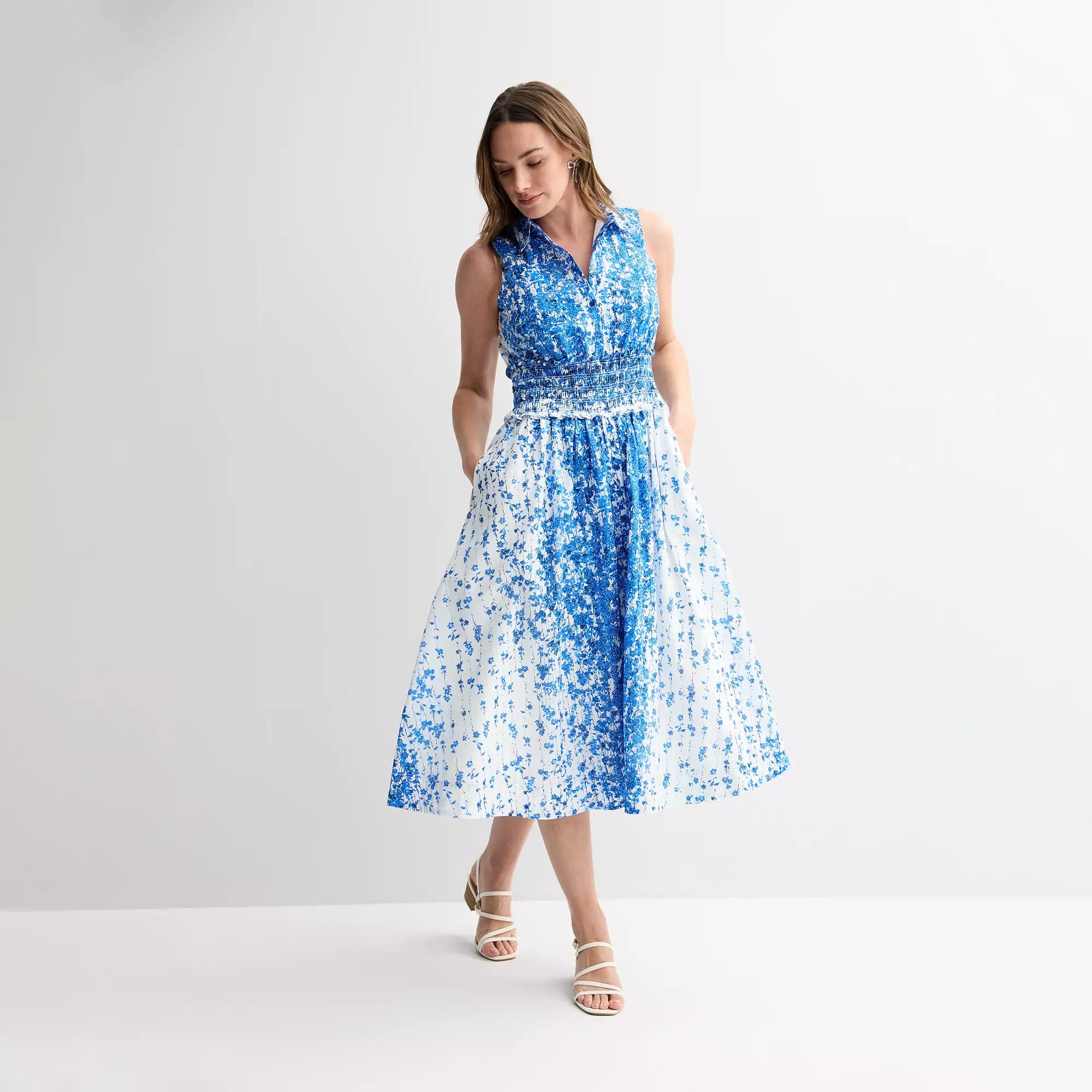 Women's Taylor Sleeveless Fit & Flare Midi Shirt Dress, Size: 4, Alabaster Blue Product Image