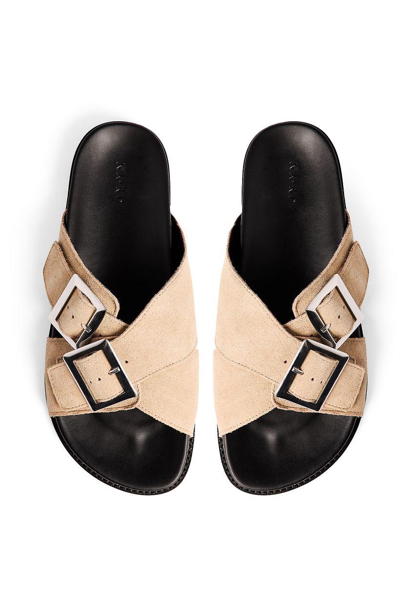 Double Buckle Leather Slippers Product Image
