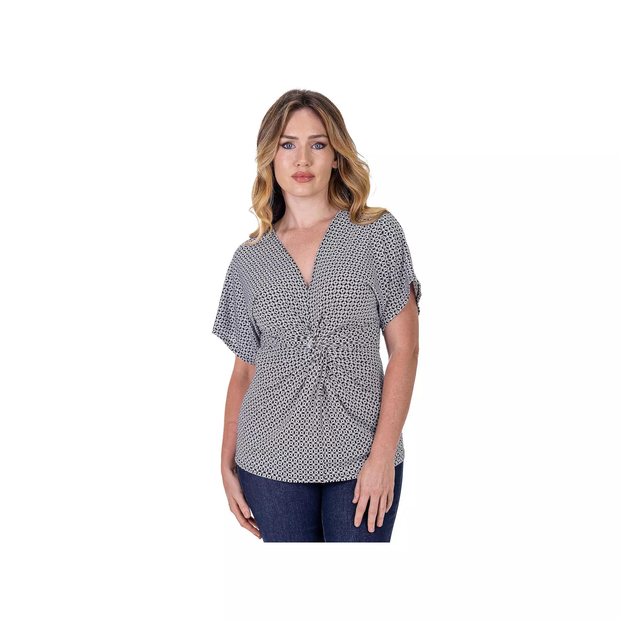 Women's 24Seven Comfort Apparel V Neck Knot Front Top, Size: Small, Black Team Product Image