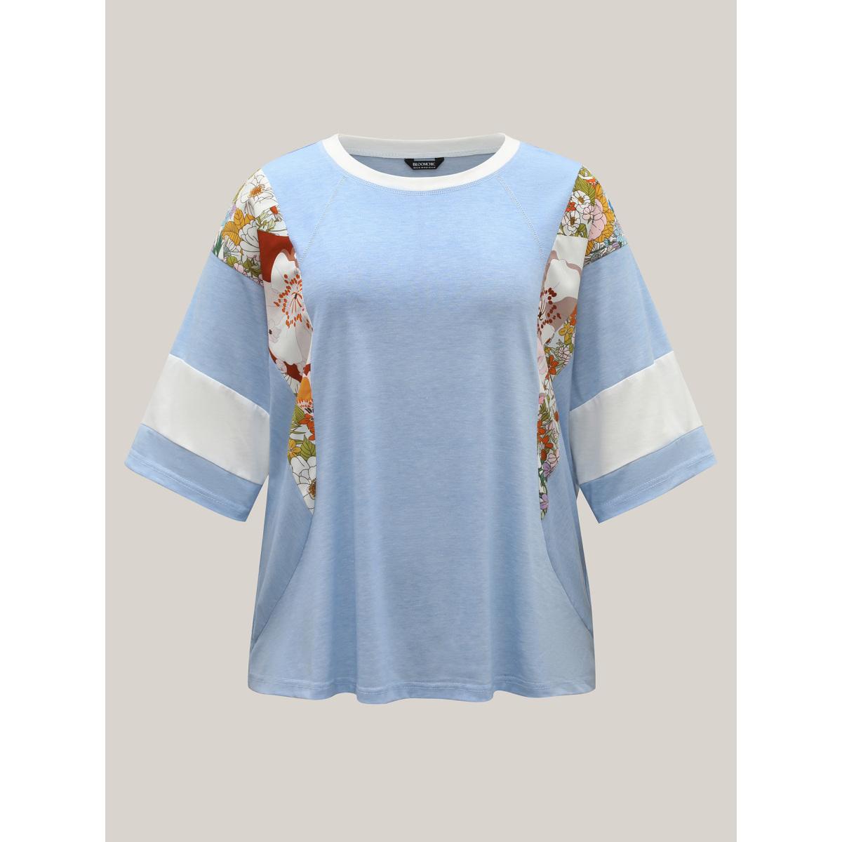 Plus Size Floral Panel Color Contrast T-Shirt LightBlue Women Contrast Round Neck Everyday-Casual T-shirts BloomChic 18-20/2X Product Image