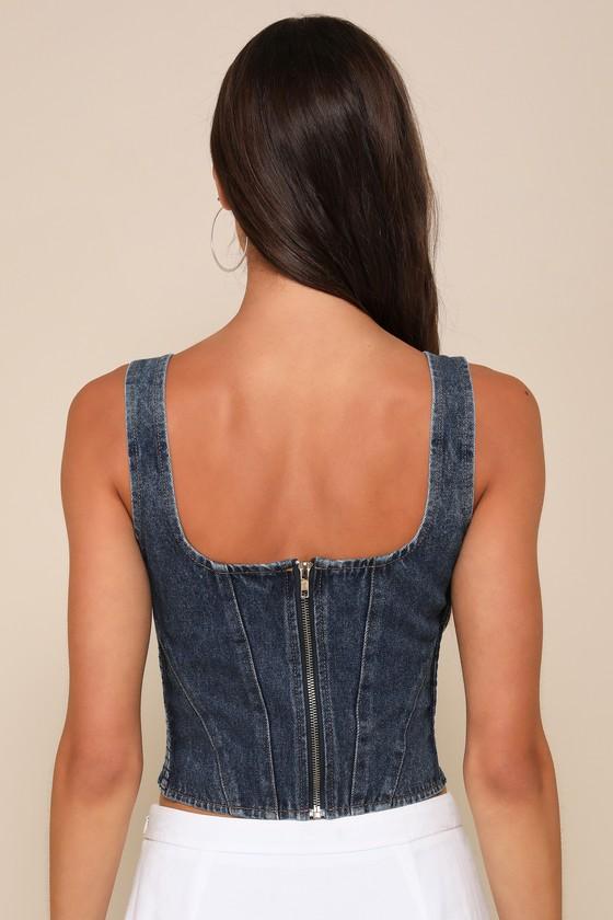 Popular Icon Dark Wash Denim Bustier Crop Top Product Image