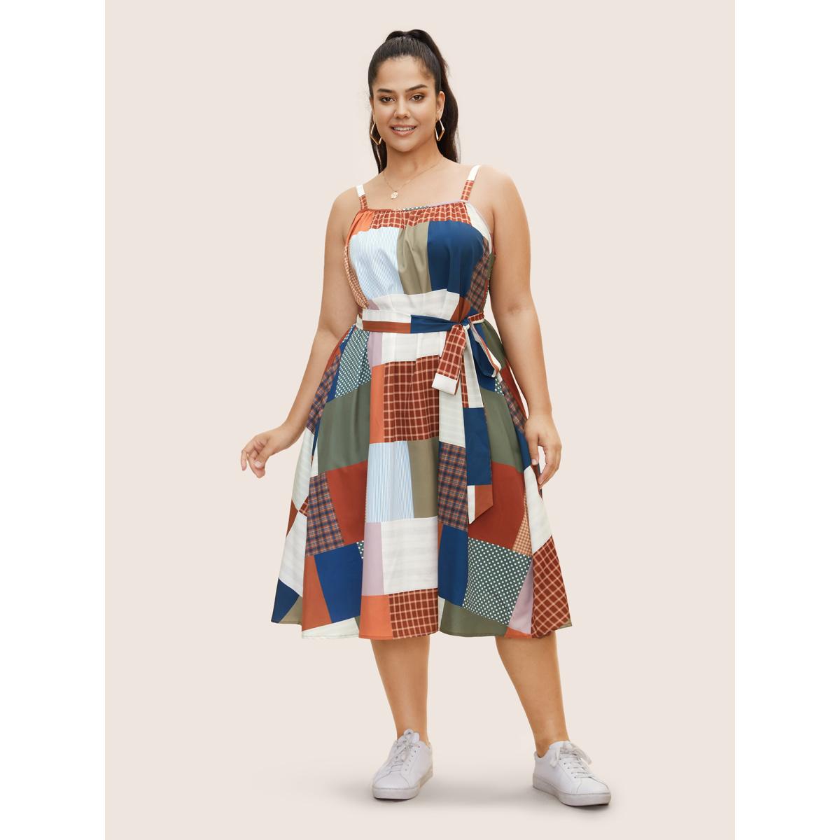 Plus Size Colorblock Contrast Belted Midi Cami Dress Multicolor Women Casual Gathered Non Sleeveless Curvy BloomChic 18-20/2X Product Image