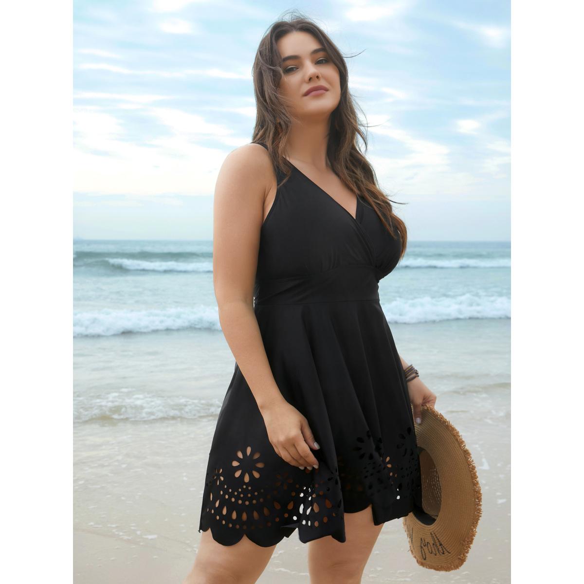 Plus Size Laser Cut Surplice Neck Waist-Cinched Swim Dress Women's Swimwear Black Resort Bodycon Overlap Collar High stretch Curve Swim Dresses BloomChic 26/4X Product Image