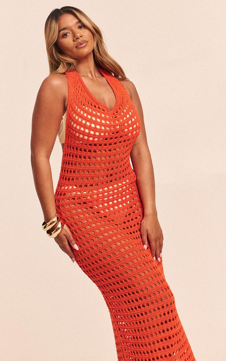 Shape Orange Crochet Knit Halterneck Open Back Maxi Dress Product Image