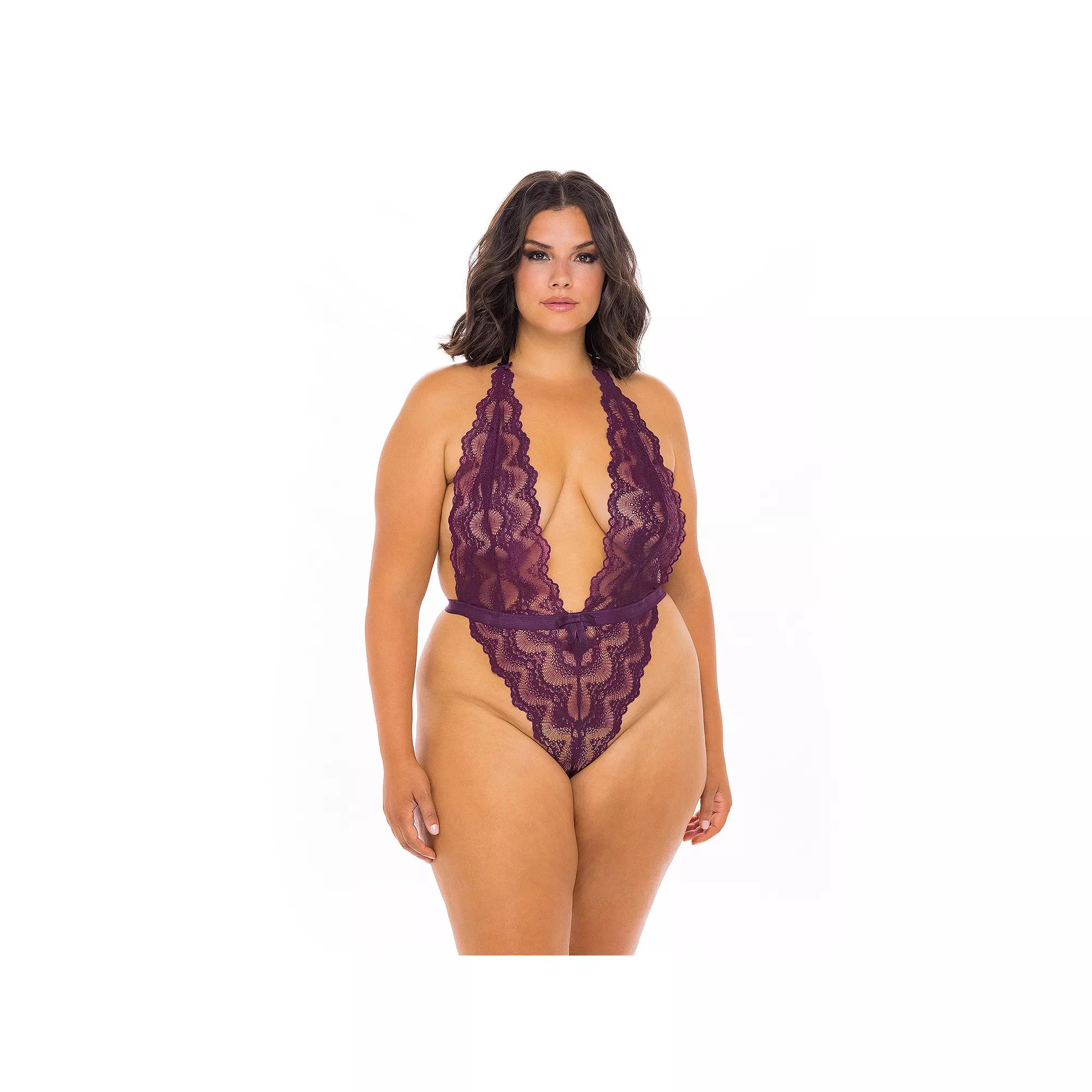 Plus Size Oh La La Cheri Scalloped Lace Bodysuit 52-11153X, Women's, Size: 1XL-2XL, Italian Purple Product Image
