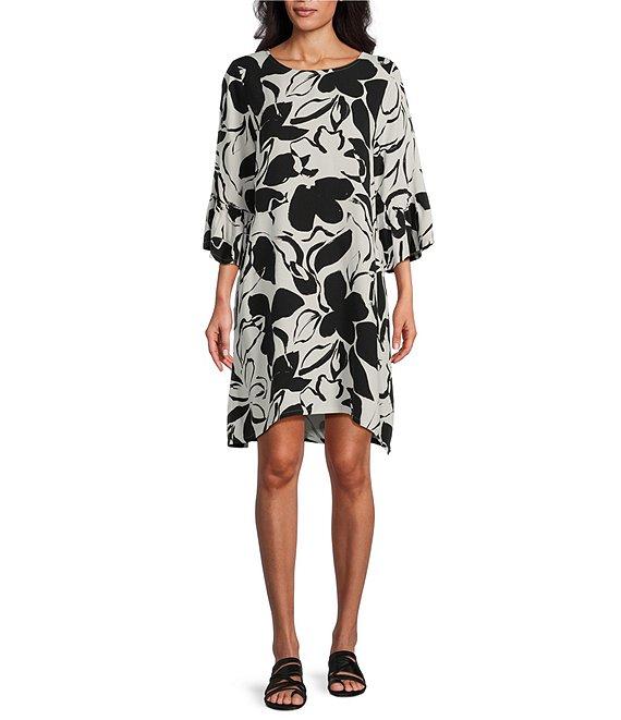 Bryn Walker Woven Phryne Flower Petal Print Round Neck 3/4 Sleeve Shift Dress Product Image