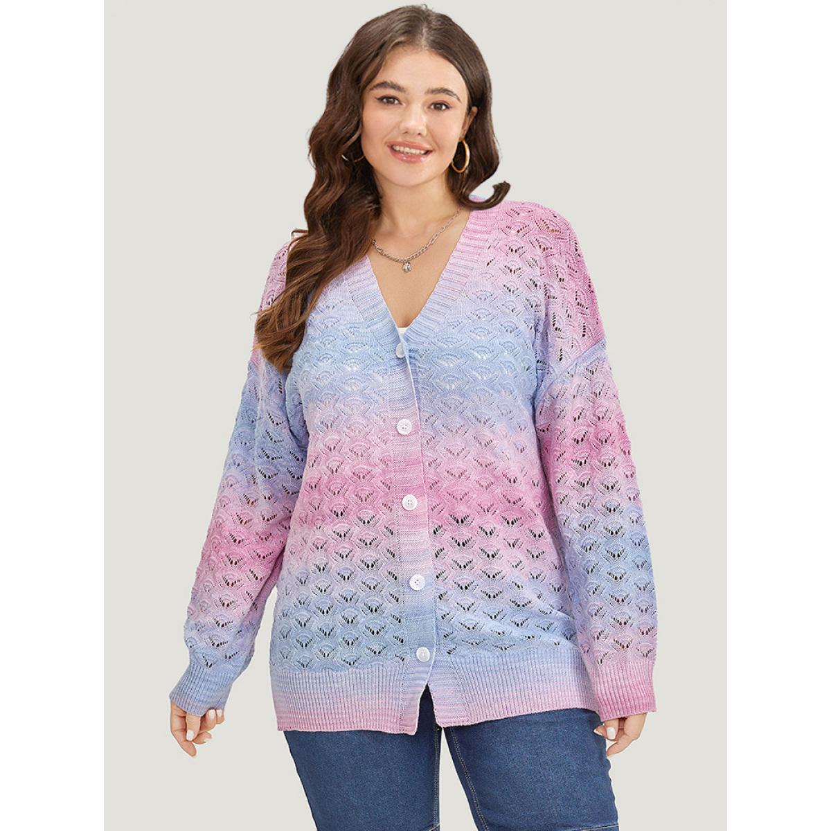 Plus Size Ombre Button Through Hollow Out Cardigan Multicolor Women Casual Loose Long Sleeve Dailywear Cardigans BloomChic 18-20/2X Product Image