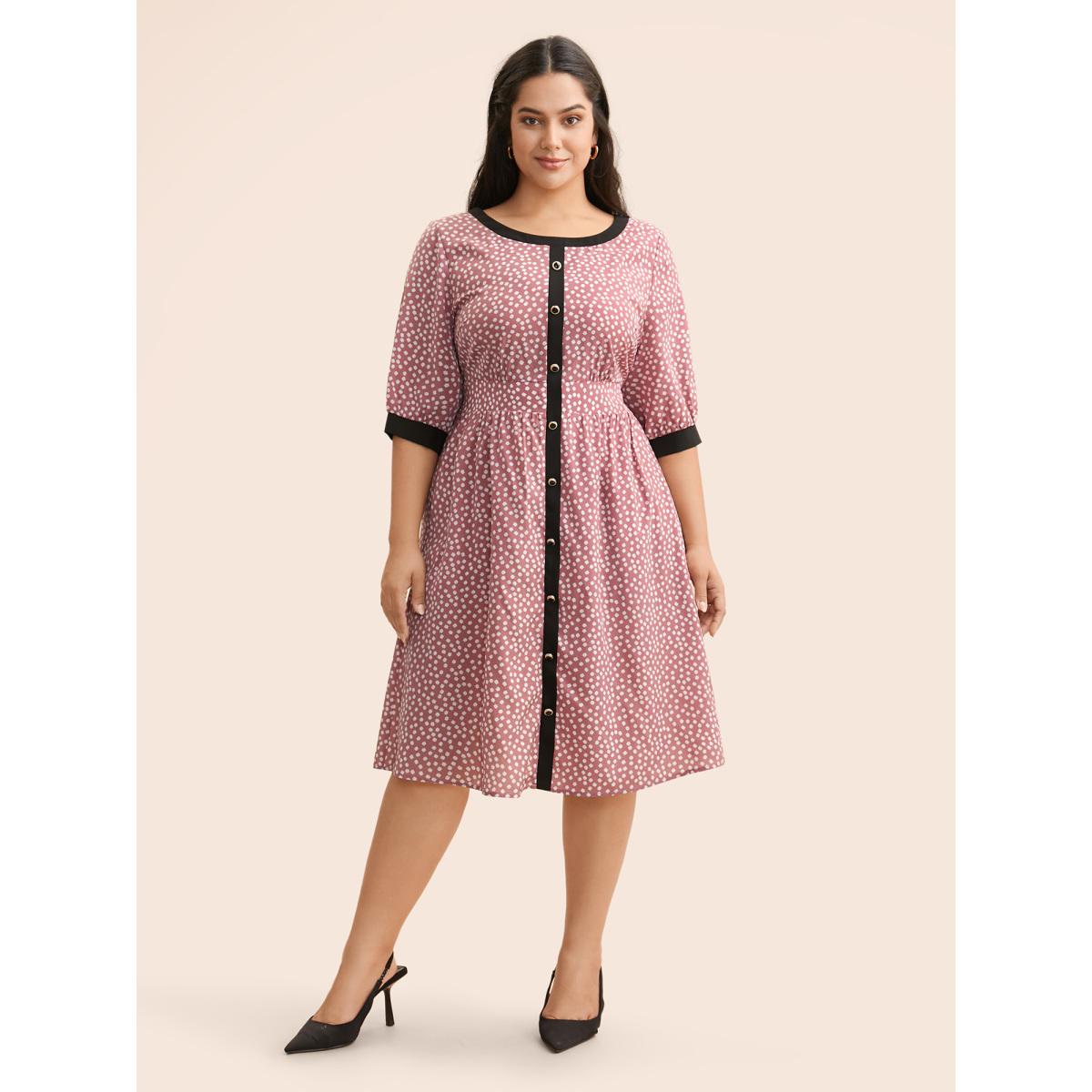 Plus Size Ditsy Floral Contrast Trim Button Detail Dress DustyPink Women Elegant Gathered Boat Neck Half Sleeve Curvy BloomChic 28/5X Product Image