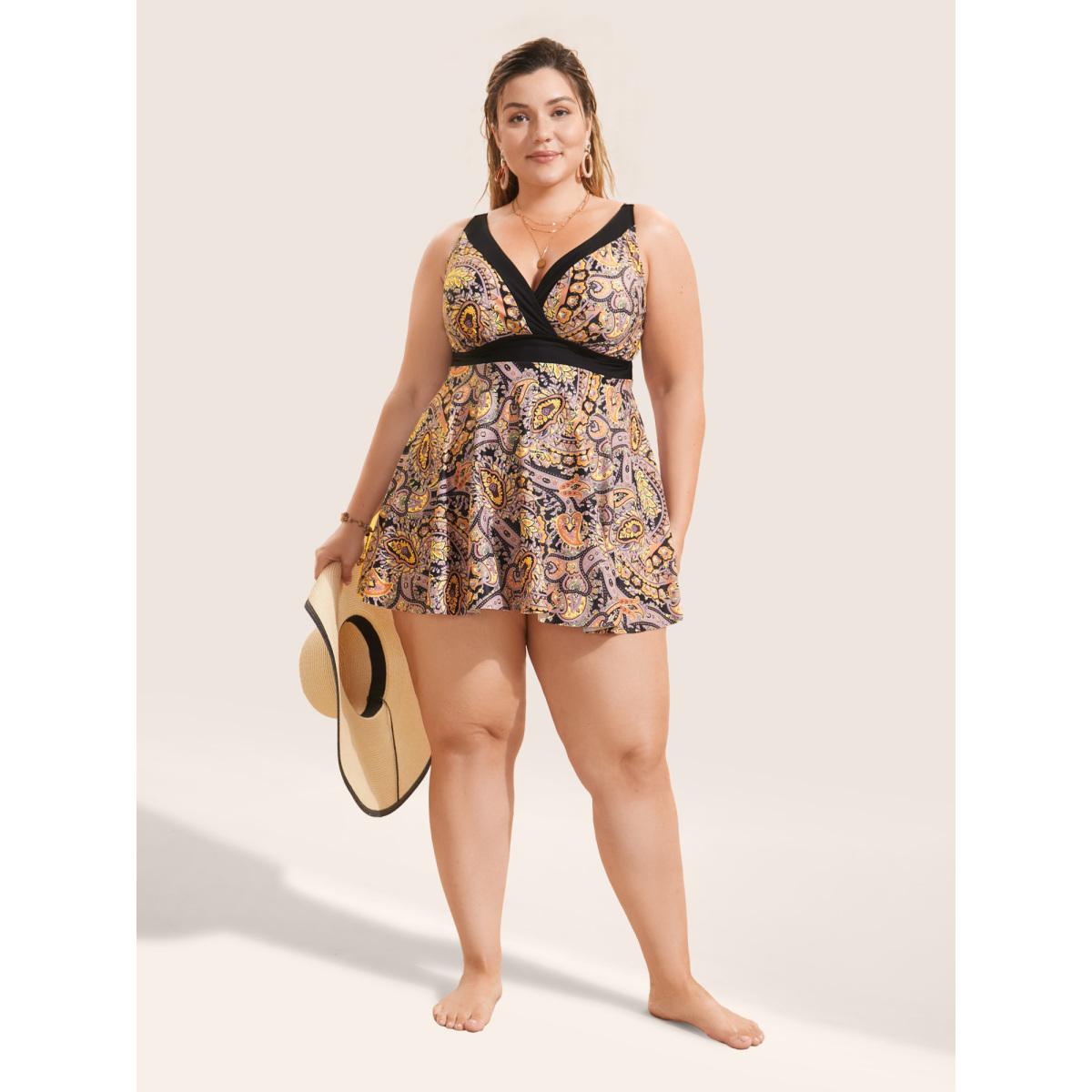 Plus Size Paisley Print Wrap Contrast Trim Swim Dress Women's Swimwear Black Beach Bodycon V-neck High stretch Curve Swim Dresses BloomChic 22-24/3X Product Image