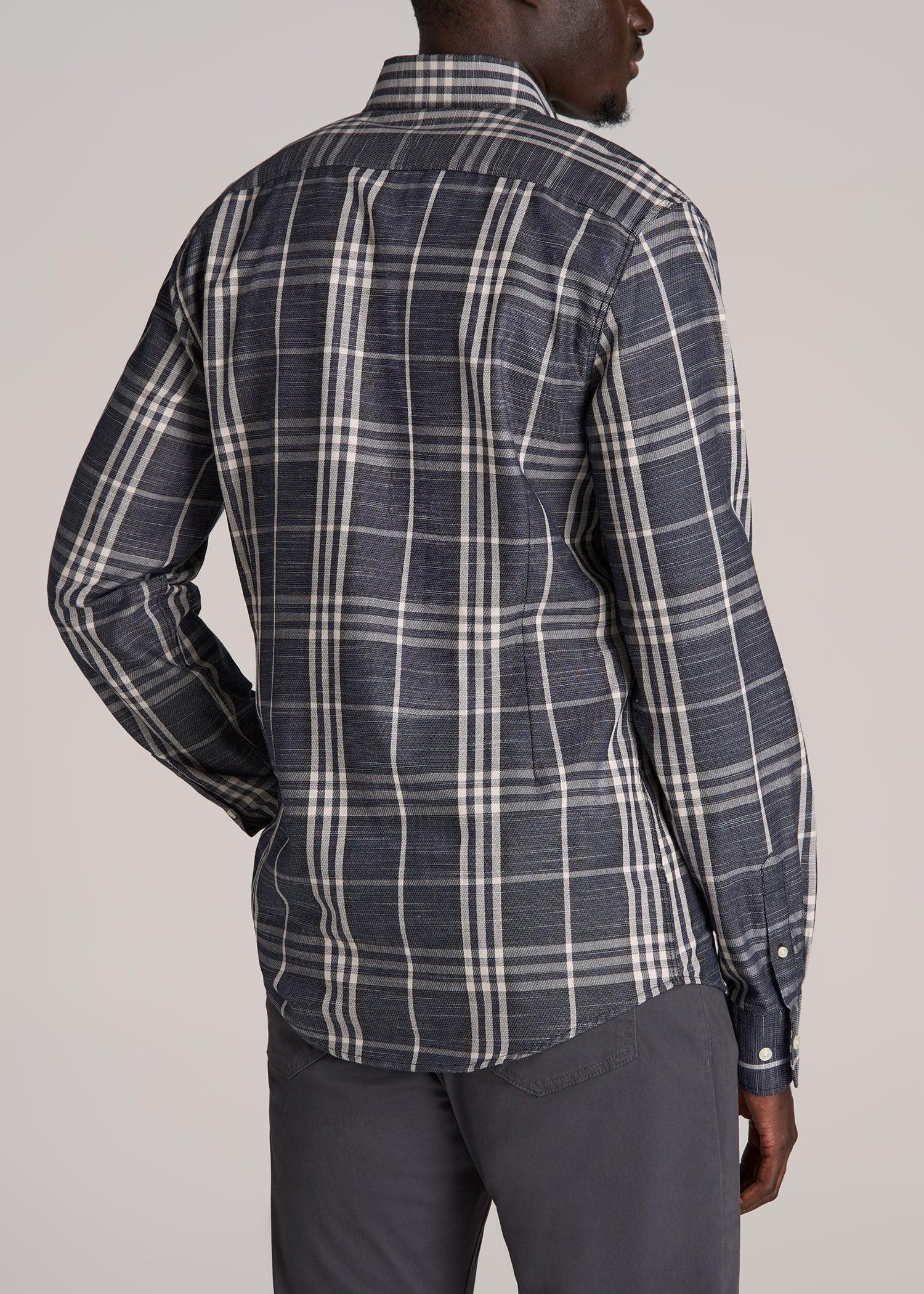 Textured Weave Cotton Button-Up Shirt for Tall Men in Dark Blue Plaid Male Product Image