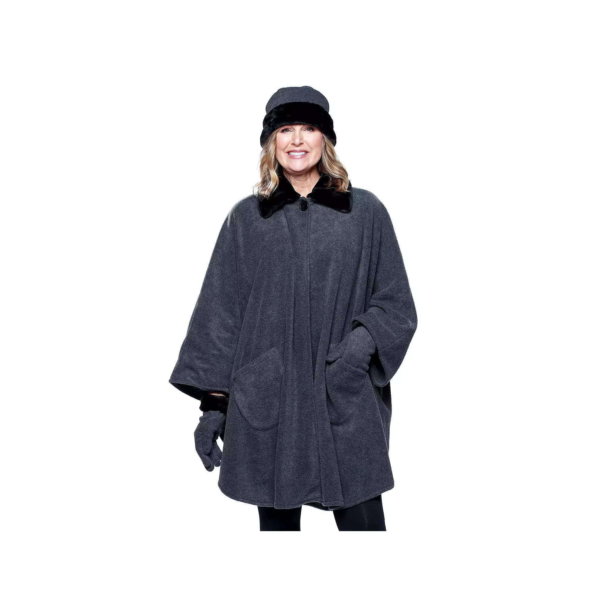 Women's Le Moda Faux Fur Trim Polar Fleece Wrap with Matching Gloves & Hat, Grey Product Image
