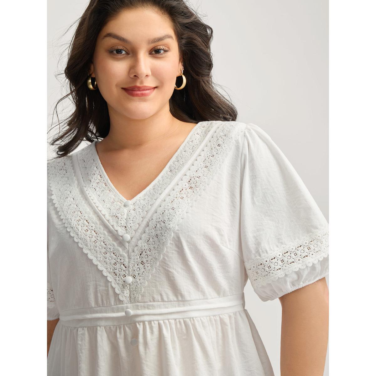 Plus Size Originalwhite Lace Trim V-Neck Puffy Sleeve Blouse Women Half Sleeve V-neck Everyday-Elegant Blouses BloomChic 12/L Product Image