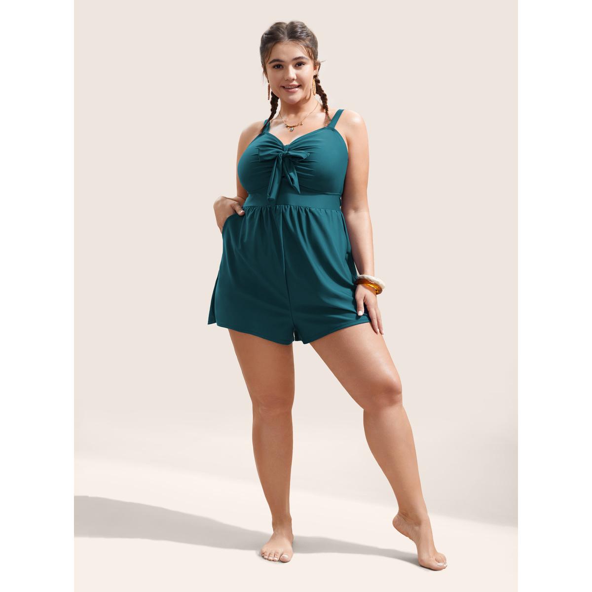 Plus Size Plain Bowknot Pocket Gathered One Piece Swimsuit Women's Swimwear Cyan Beach Non Curve Bathing Suits High stretch One Pieces BloomChic 14-16/1X Product Image