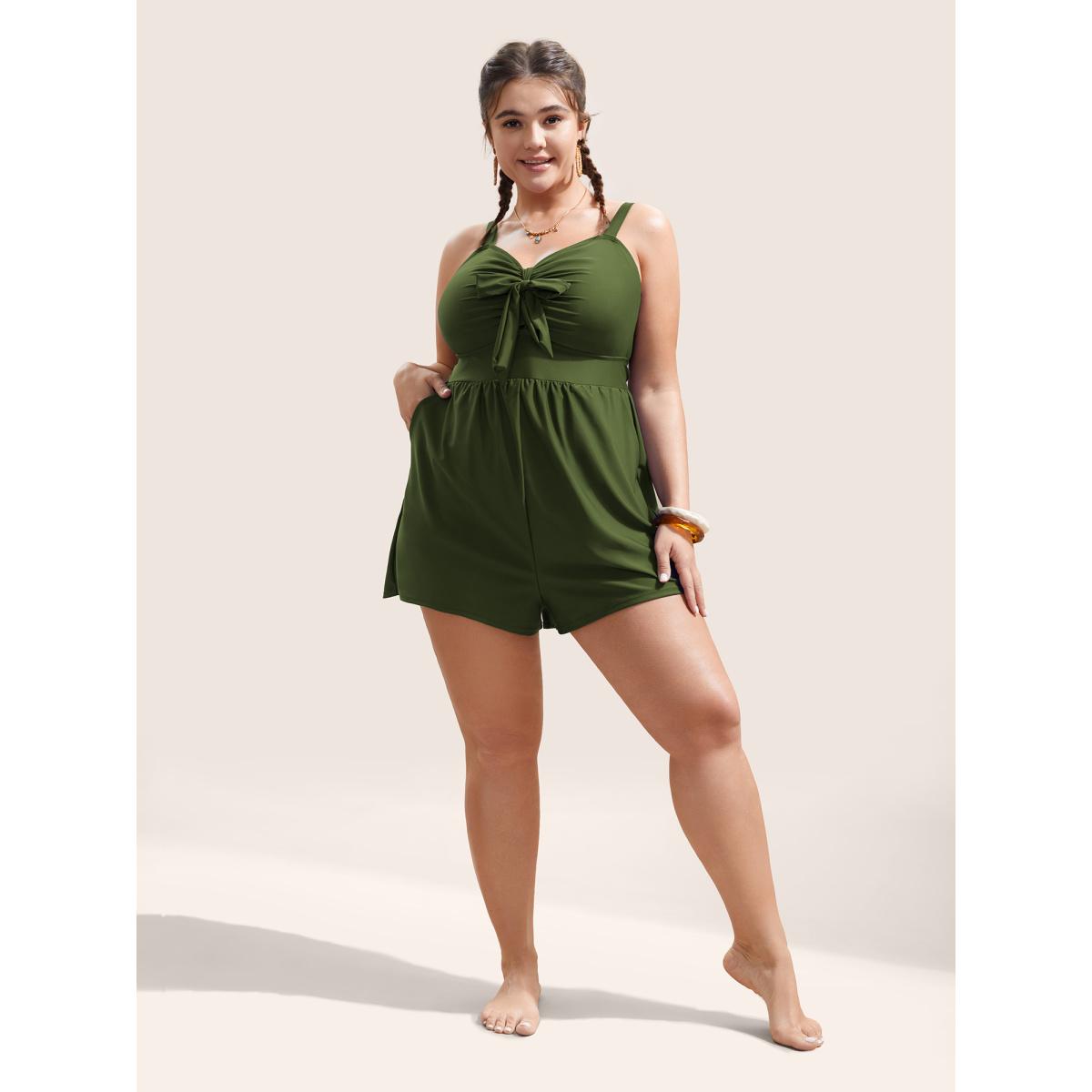 Plus Size Plain Bowknot Pocket Gathered One Piece Swimsuit Women's Swimwear ArmyGreen Beach Non Curve Bathing Suits High stretch One Pieces BloomChic 22-24/3X Product Image