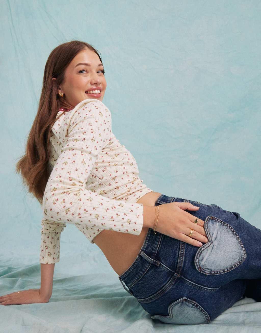 Miss Selfridge heart pocket straight leg jean in indigo wash Product Image