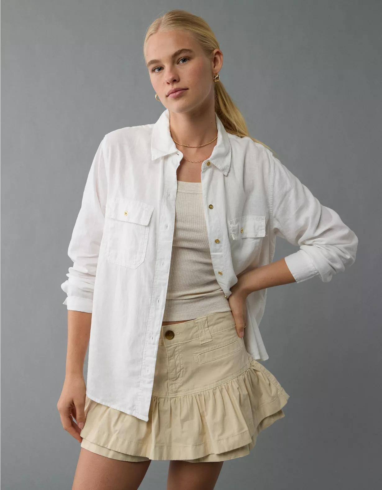 AE Weekend Vibes Linen-Blend Long-Sleeve Button-Up Shirt Product Image