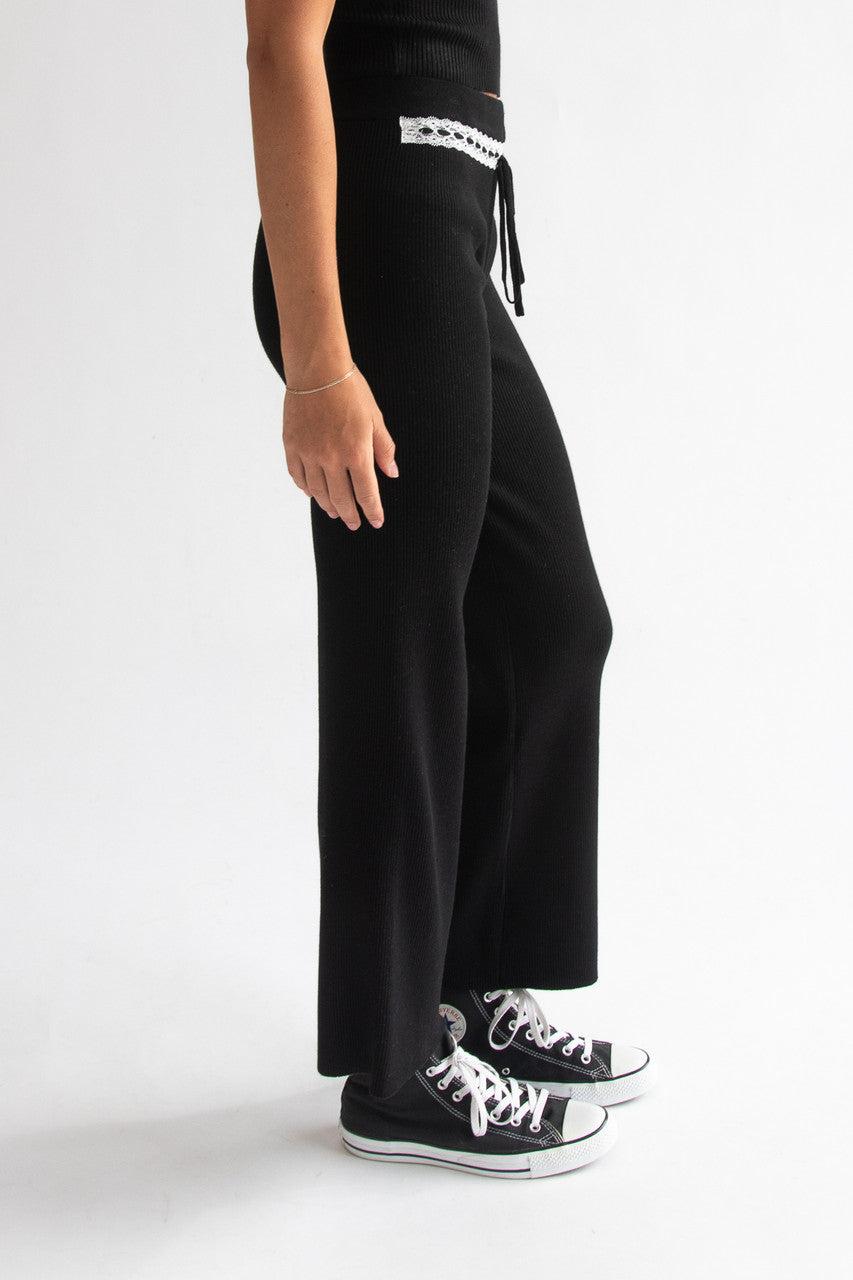 Lace Trim Ribbed Wide Leg Pants Product Image
