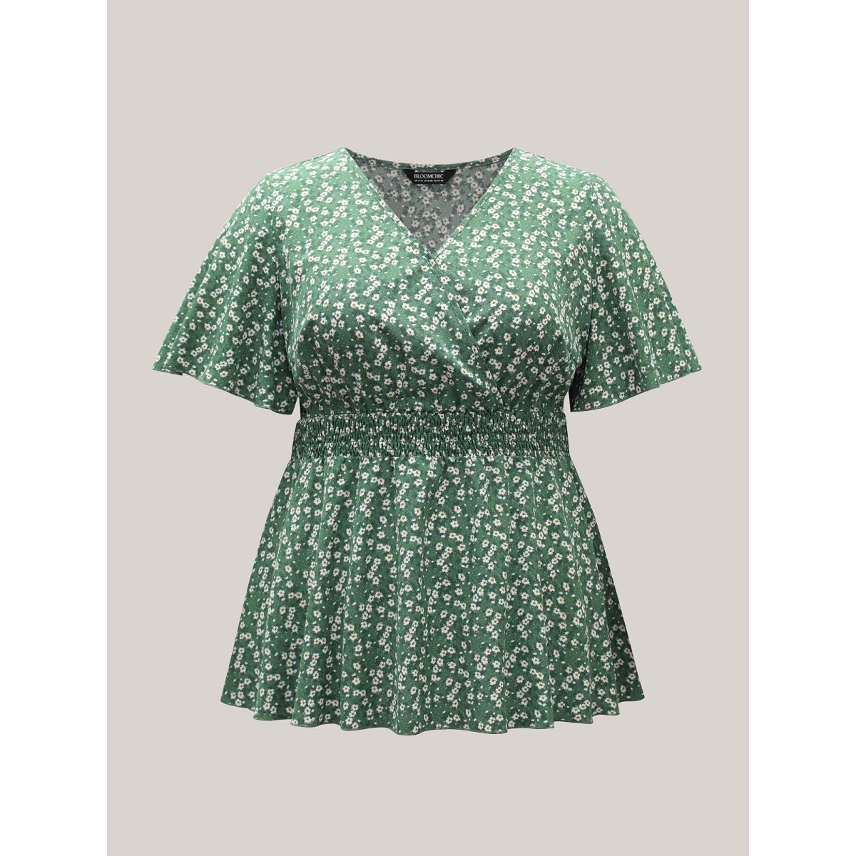 Plus Size Emerald Floral Print Shirred Waist Cinched Blouse Women Elegant Short sleeve Overlap Collar Everyday Blouses BloomChic 22-24/3X Product Image