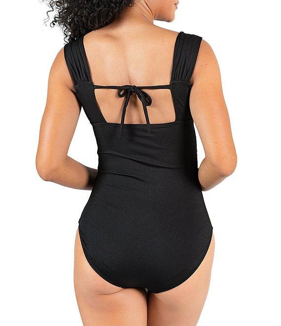 Janela Bay Solid Stretch Ribbed Square Neck Wide Strap One Piece Swimsuit Product Image