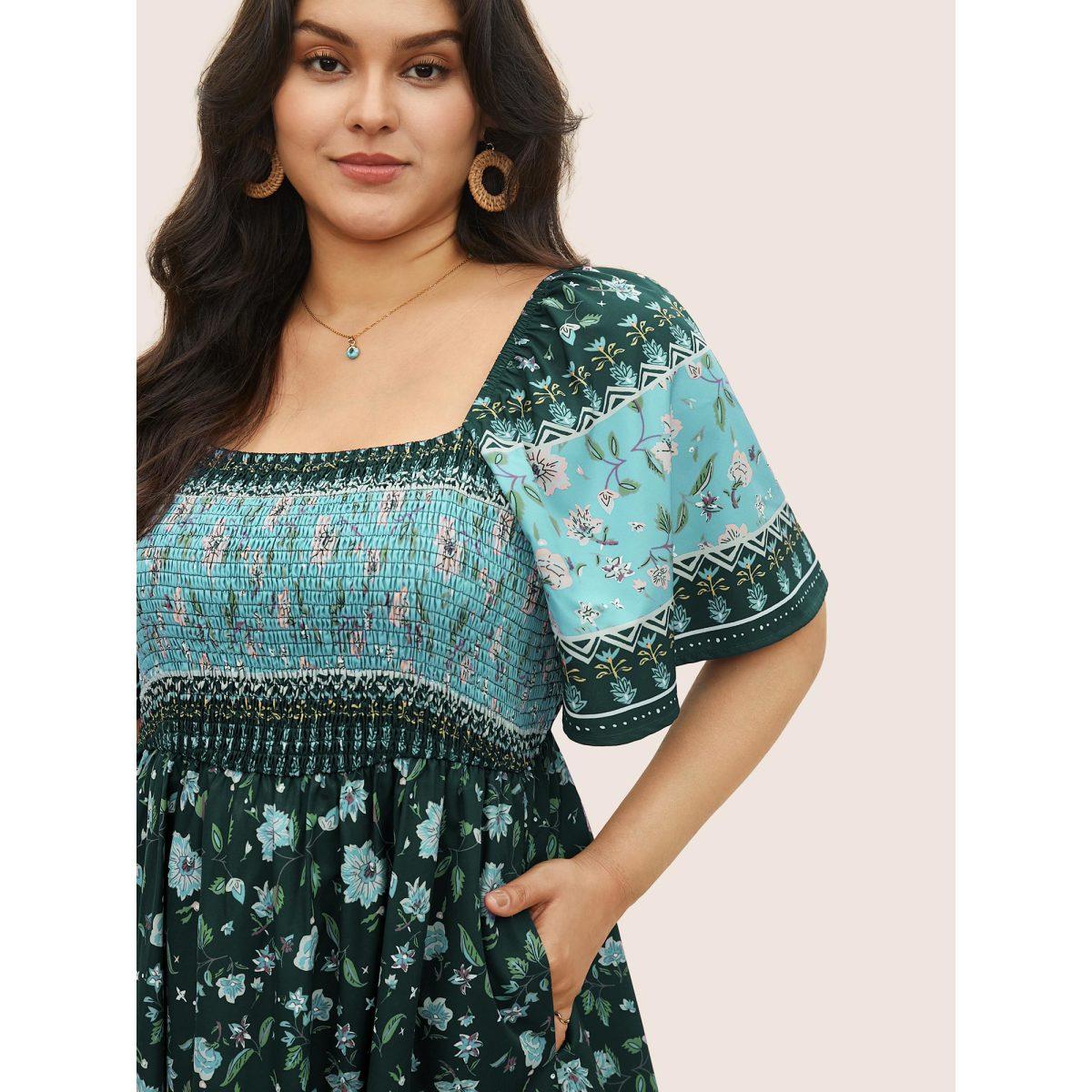 Plus Size Ditsy Floral Shirred Patchwork Ruffle Sleeve Dress Turquoise Women Resort Shirred Square Neck Short sleeve Curvy Midi Dress BloomChic 30/6X Product Image