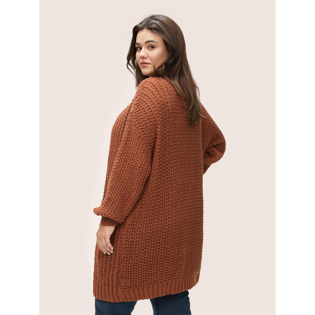 Plus Size Plain Dual Pocket Open Front Cardigan Chocolate Women Casual Loose Long Sleeve Dailywear Cardigans BloomChic 28/5X Product Image