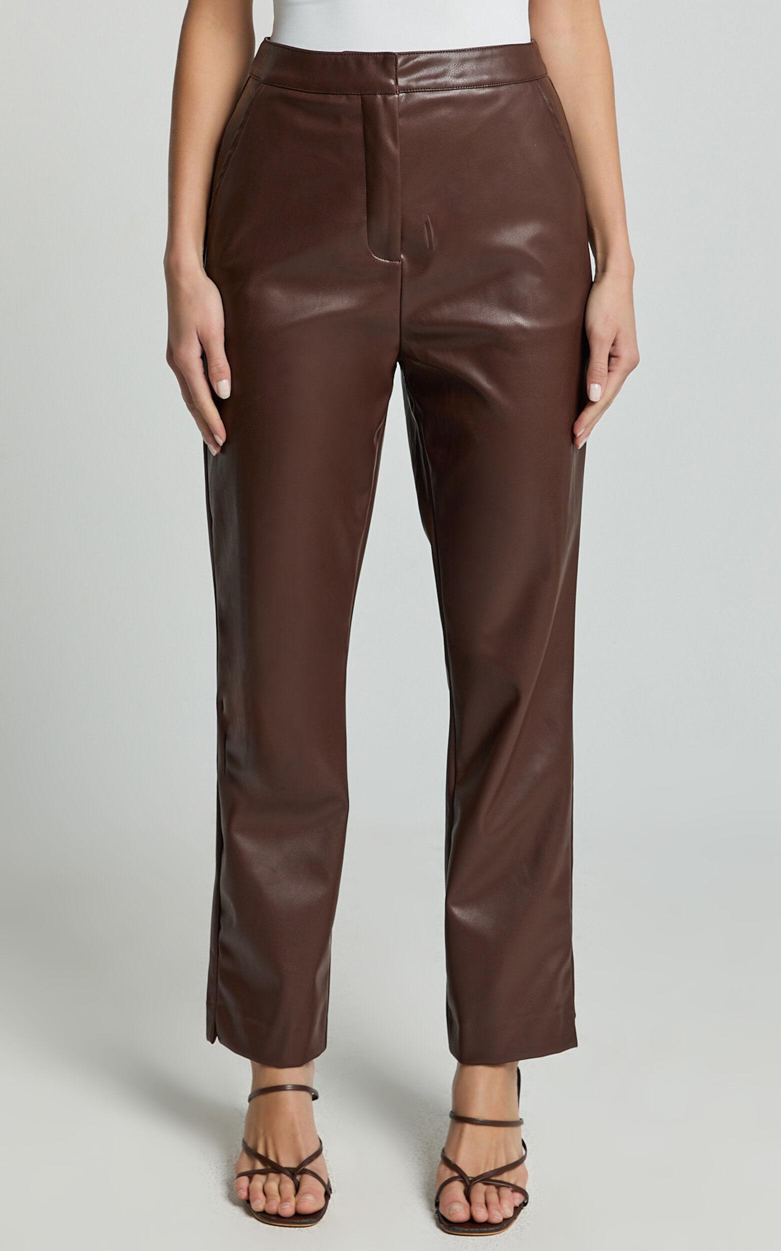 Azelia Pants - Mid Rise Cropped Faux Leather Pants in Dark Chocolate Product Image