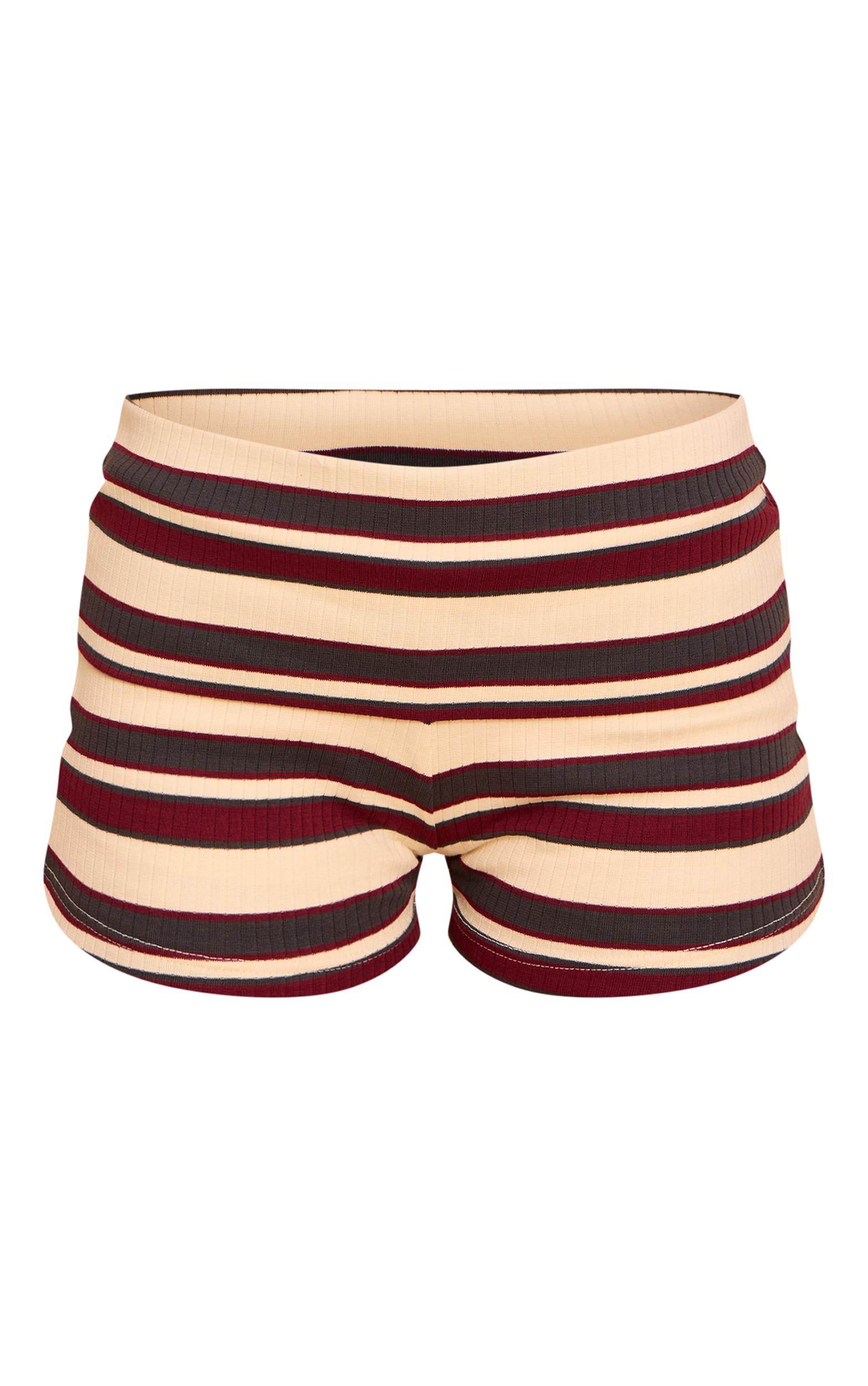 Burgundy Striped Fold Over Rib Hot Pants Product Image