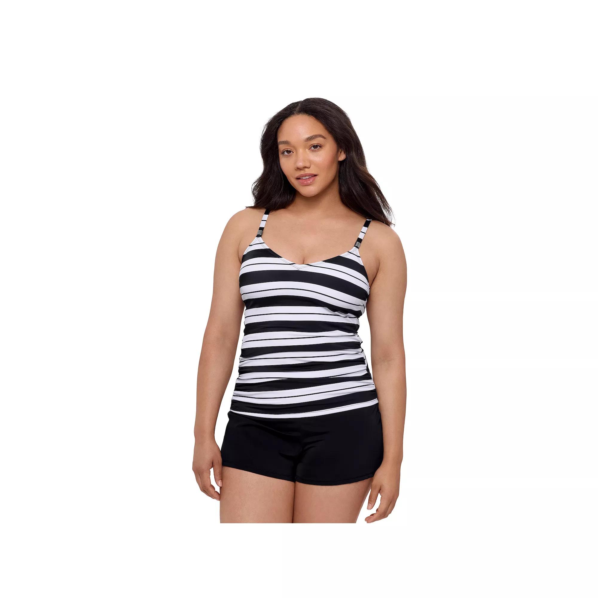 Women's Bal Harbour V Neck Tankini, Size: XL, Black White Stripe Product Image