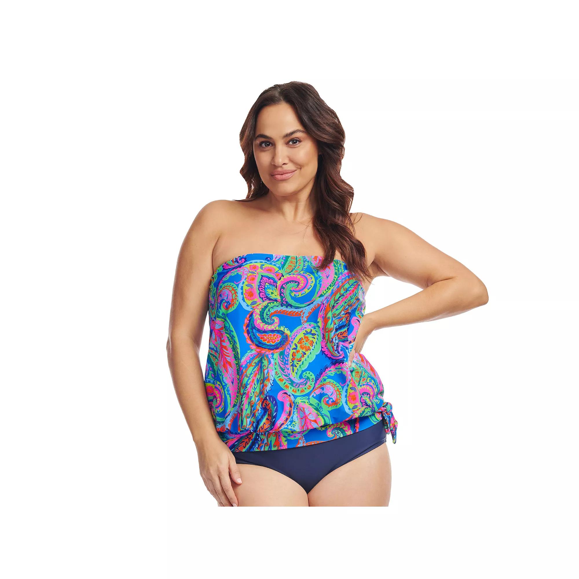 Plus Size Mazu Tropical Flora Draped Blouson Tankini Swim Top, Women's, Size: 18 W, Blue Product Image